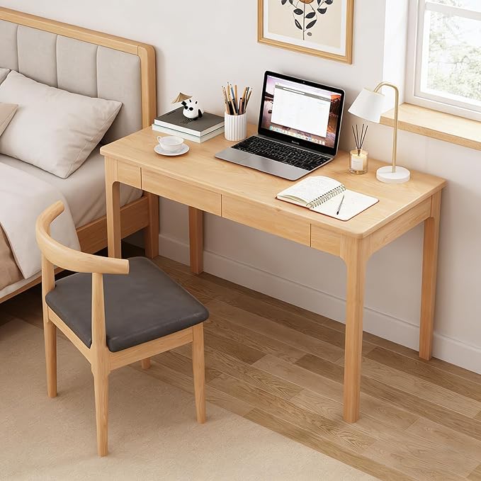 Solid Wood Desk with Drawers, Mid Century Modern Home Office Writing Desk, Vintage Computer Desk with Storage for Living Room, Bedroom(120x56x75cm, Natural)