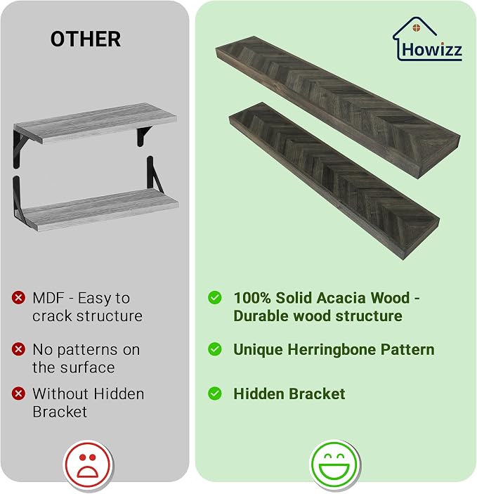 Howizz 48'' Chevron Floating Shelves for Wall, Acacia Wood Wall Mounted Shelves with Invisible Brackets, Rustic Wooden Shelf Set of 2 for Living Room, Bedroom, Bathroom, Kitchen Decor, Mocha Finish