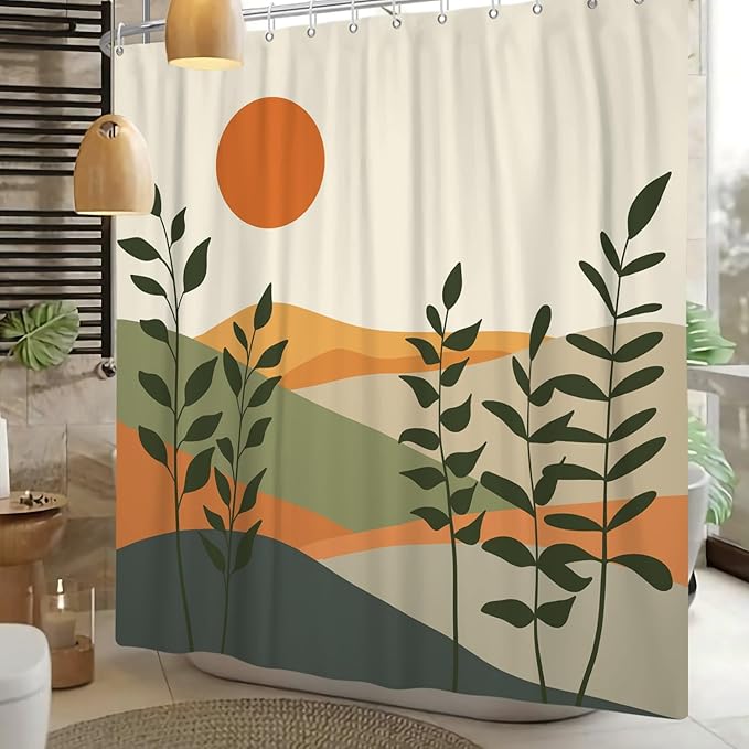 Modern Boho Shower Curtain Set,Mid Century Shower Curtains for Bathroom,Minimalist Sun Waterproof Bathroom Curtains with Hooks 72x72inch