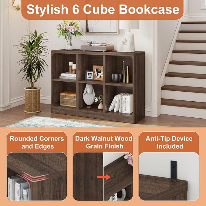 FATORRI 6 Cube Storage Bookcase, Rustic Wood Horizontal Bookshelf with Rounded Corners, Low Cube Organizer Shelf for Living Room, Bedroom, Office (Dark Walnut, 43 Inch)
