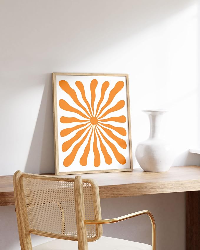 HAUS AND HUES Abstract Orange Wall Art - Sun print with bold, bright abstract wall decor to energize your space and elevate any room (Beige Frame, 16x20)