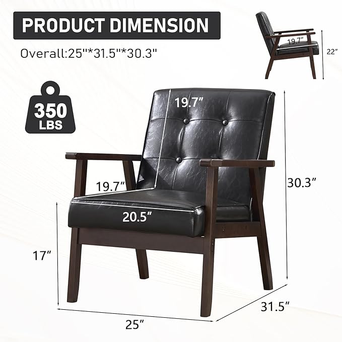 Bonzy Home Accent Chair - Faux Leather Mid Century Modern Chair for Living Room | Sturdy Solid Wood Frame Armchair, Comfy Retro Chair for Bedroom & Small Spaces, Accent Chairs, Black