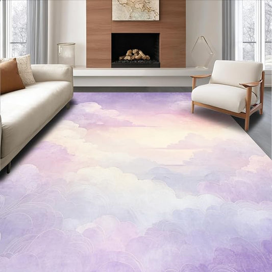 Flatwoven High Traffic Area Rug 5x7, Dreamlike Cloud with Hues and Subtle Gradients, Non Slip, Stain Resistant, Washable Area Rugs for Living Room, Bedroom (Purple, 5x7)