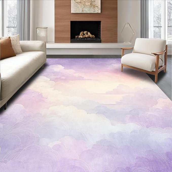 Flatwoven High Traffic Area Rug 8x10, Dreamlike Cloud with Hues and Subtle Gradients, Non Slip, Stain Resistant, Washable Area Rugs for Living Room, Bedroom (Purple, 8x10)