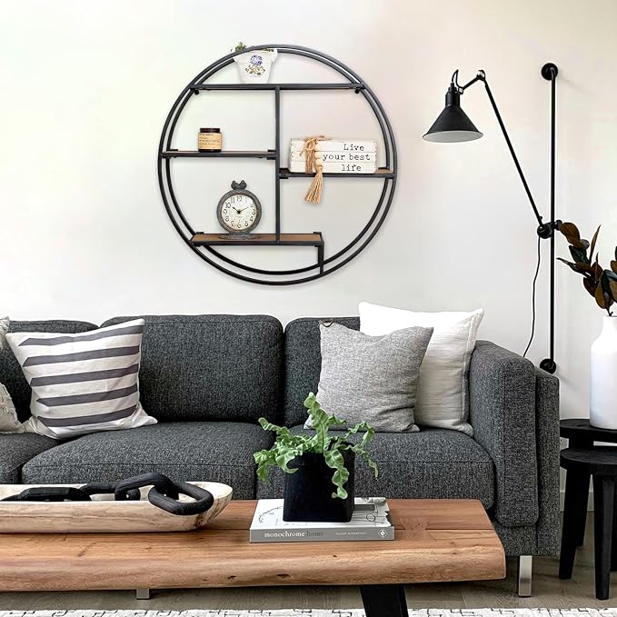 Industrial Style Round Wall Shelves, 3 Tier Decorative Floating Ledge Shelves, Wall Mounted Metal Bracket Wooden Display Hanging Shelf