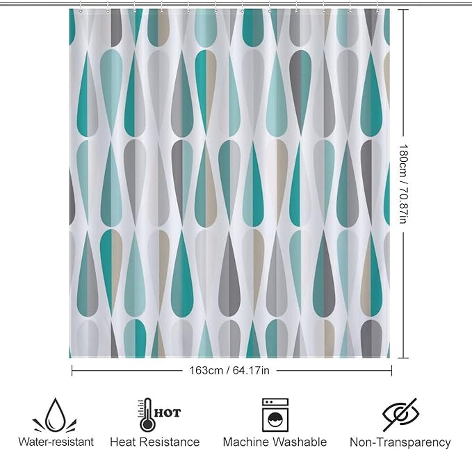 Mid Century Shower Curtain,Modern Retro with Drop Shapes Geometric 1960s Decor Bathroom Curtain Polyester Waterproof Fabric 66x72in（168x183cm）