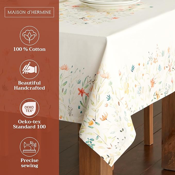Maison d' Hermine Table Cloth Rectangle Table 100% Cotton 60 x 108 Inches Tablecloth Reusable Decorative Everyday Use for Dining Room, Farmhouse, Home, Party, Festive & Wedding Spring Summer - Colmar