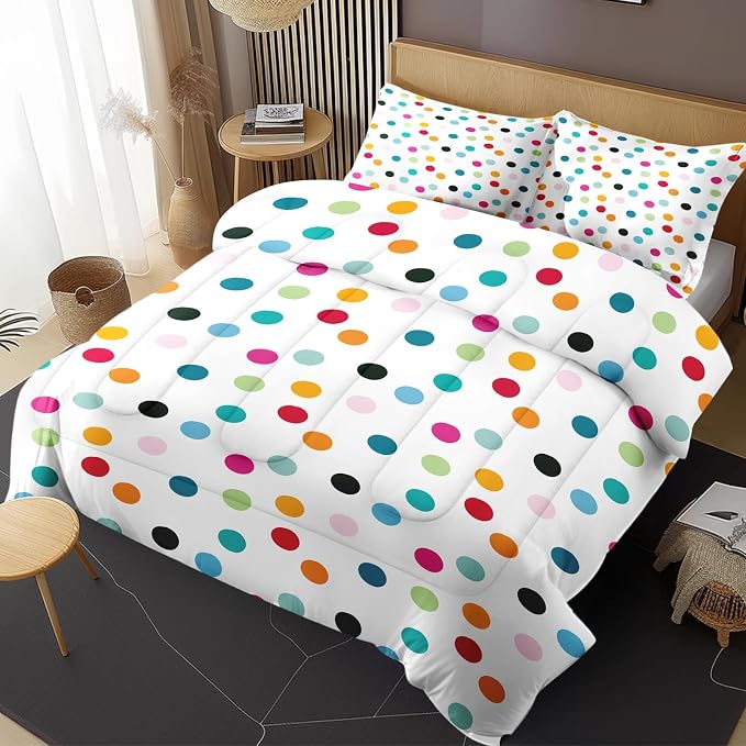 Comforter Set with 2 Pillowcases King Size, Fun Colorful Polka Dots, Bed Decor White Cute Girly Colored Circles for Kids and Adults, Soft Cozy Bedroom Bedding Set
