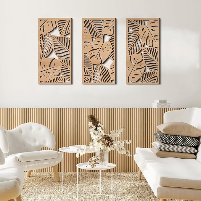 3 Pcs Tropical Leaf Wood Wall Art Decor, Wooden Palm Leaves Wall Hanging Decor, 3D Hollow Carved Craft Art Set, Boho Abstract Wall Sculptures Panels Decoration for Home Living Room Bedroom Kitchen (A)