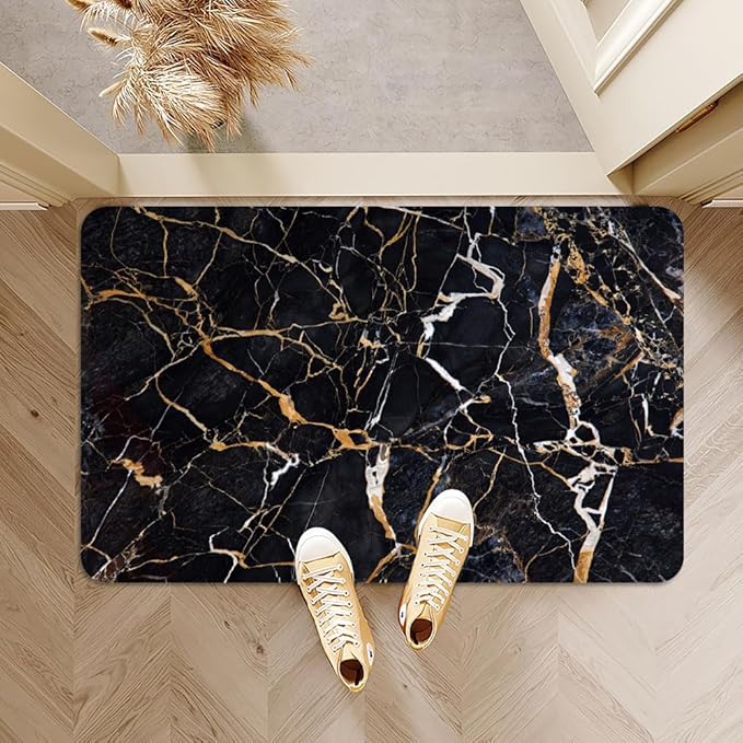 Bath Mat Rug,Black marble with yellow and white Non Slip Quick Dry Super Absorbent Thin Bathroom Rugs Fit Under Door-Easy to clean Bathroom Floor Mats-Shower Rug for Shower Sink Bathtub(20" x 31"In)