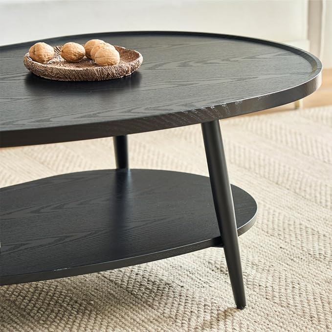 Saint Mossi Black Coffee Table for Living Room, Mid-Century Mango Shaped Wood Coffee Table, 2-Tier Center Table for Small Space, Black Board, D47xW23.6xH15