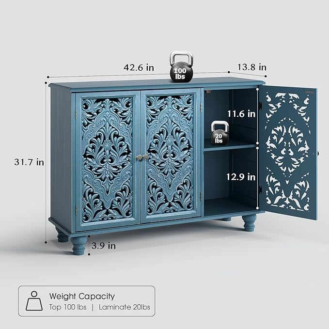 Accent Cabinet with 3 Carved Doors, Distressed Blue Sideboard Buffet with Storage & Solid Wood Legs, 43" Vintage Console Table for Living Room, Entryway, Coffee Bar, Hallway