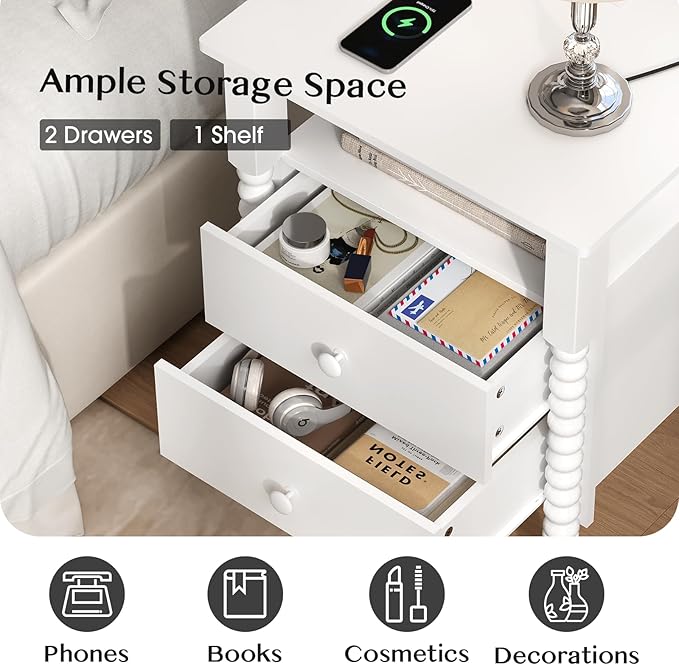 White Nightstand, Vintage Night Stand with Charging Station, Bedside Table with Drawers, End Table with Solid Wood Legs, Bed Side Tables for Bedroom, White
