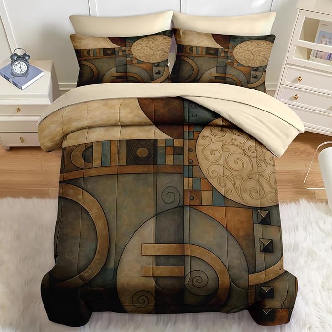 Nesker Comforter Set Twin Size, Geometry Vintage 5 Pcs Bedding for Kids and Adults, Abstract King Retro Tribe Bed Sheet Sets with Fitted Sheet Pillowcase & Sham
