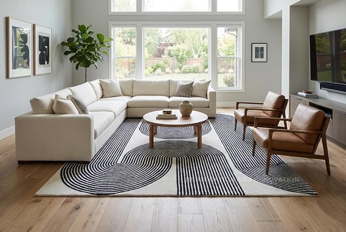 Modern Handmade Wool Area Rug, Abstract Curved Line Geometric Carpet for Living Room Bedroom, Contemporary Tufted Indoor Rug with Soft Pile and Cotton Backing (Ink, 4' x 6')