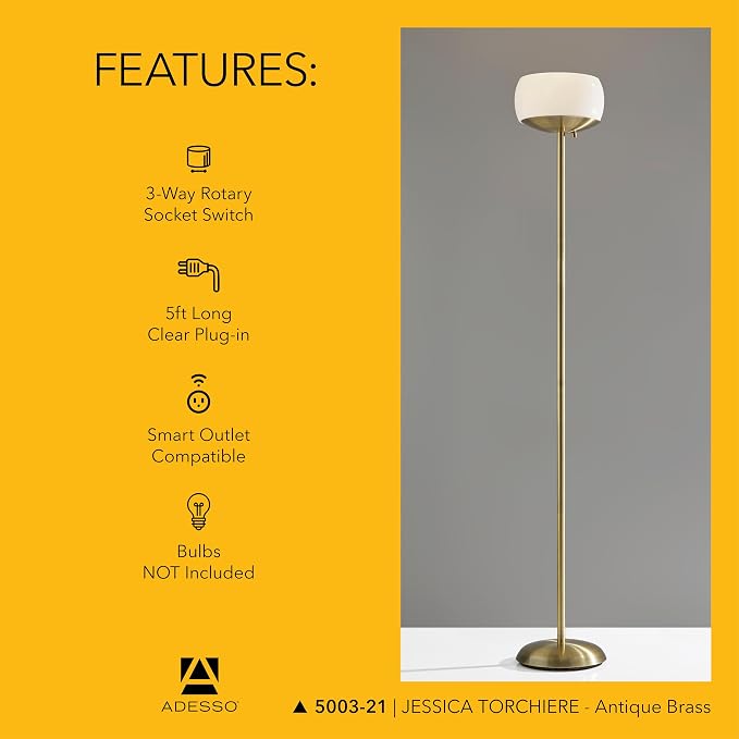 Adesso Antique Brass Torchiere Floor Lamp with White Opal Glass Shade - 300W Double Socket Construction Accent Lighting for Bedroom, Living Room, or Home Office, 71” Tall