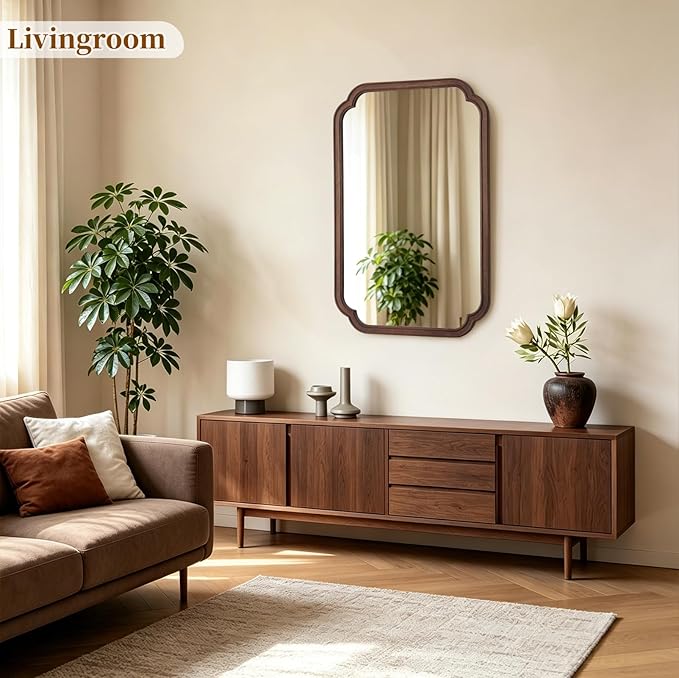HOMECOOKIN Wood Bathroom Mirror for Wall Decor Arched Rounded Corner Rustic Wood Frame Wall Mirror Home Decorative for Vanity, Living Room, Bedroom, Entryway (24 x 36 inch, Walnut)