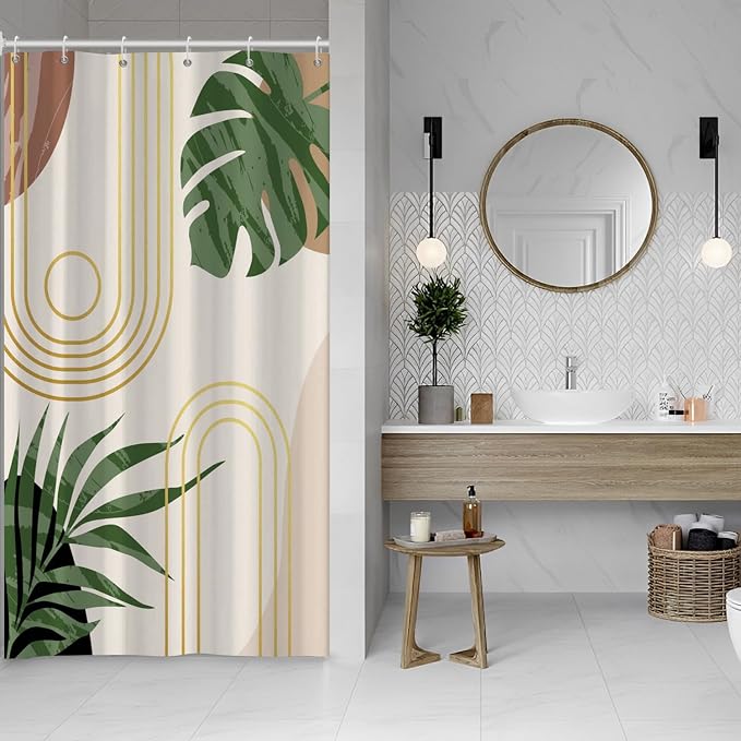 Boho Sage Green Shower Curtain Bohemian Mid Century Geometric Abstract Curve Bathroom Curtain Palm Leaf Polyester Shower Curtain Sets for Bathroom Extra Long 54x72 in with 10 Hooks