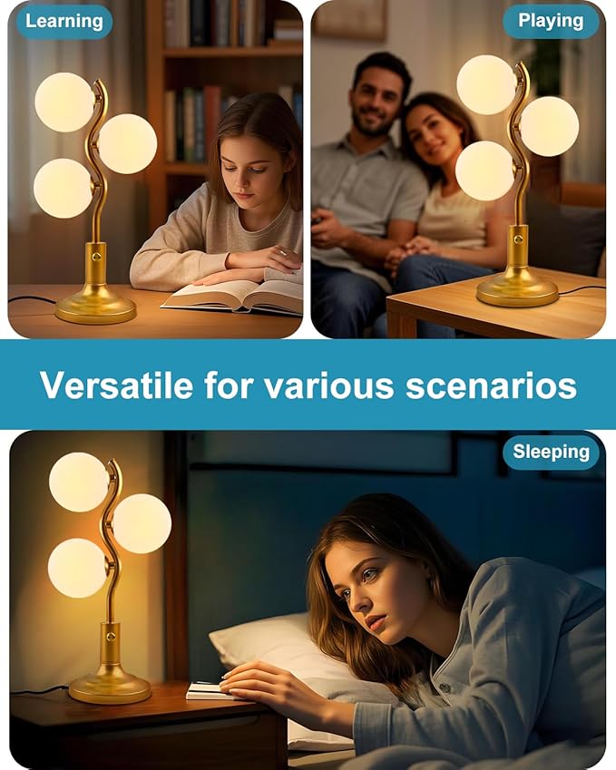 3-Globe Table Lamp for Bedroom, Mid Century Modern Gold Desk Lamp 3000K Warmwhite Dimmable Nightstand Bedside Lamp for Living Room Study Room