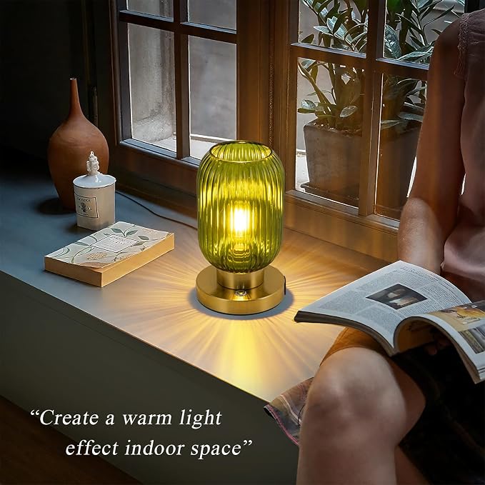 Glass Table Lamp for Living Room, Vintage Bedside Lamp for Bedroom, 3-Way Dimmable Touch Control Nightstand Lamp with USB C+A, Mid Century Modern Green Table Lamp (2700K LED Bulb Included)