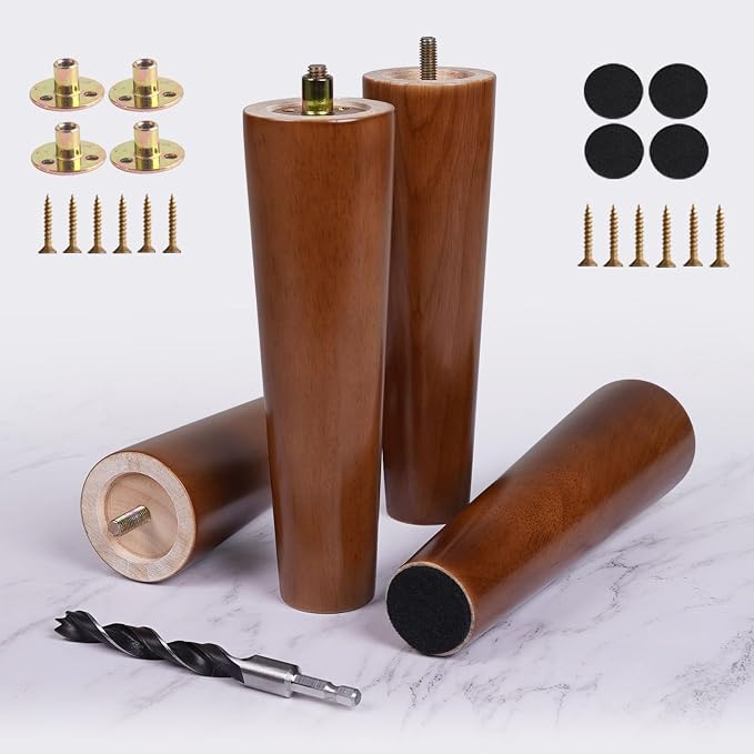 Wood Furniture Legs 8 Inch Heavy Duty Set of 4, Solid Wooden Feet for Furniture & Sofa & Tables & Ottoman - Wood Furniture Risers Replacement Couch Legs Cabinet Foot - Walnut Finish