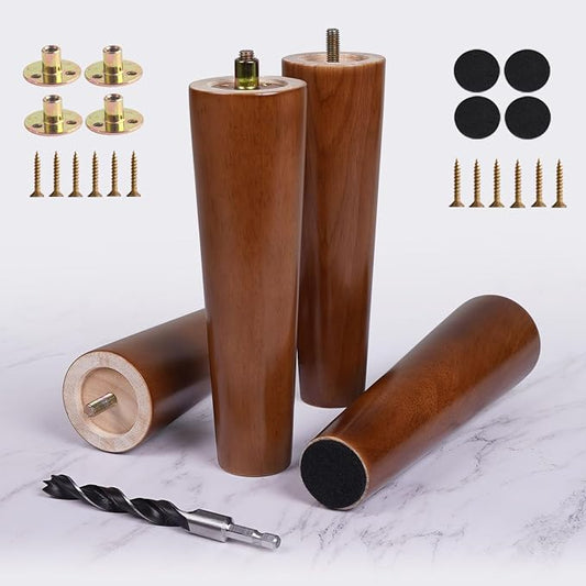 Wood Furniture Legs 8 Inch Heavy Duty Set of 4, Solid Wooden Feet for Furniture & Sofa & Tables & Ottoman - Wood Furniture Risers Replacement Couch Legs Cabinet Foot - Walnut Finish
