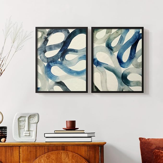 Renditions Gallery Set of 2 Peel & Stick Framed Prints, Watercolor Abstract Wall Art, Aquatic Water and Sand Strokes Wall Decor, Re-Stickable - Ready to Hang - 11"x14" - Black Frame LT588