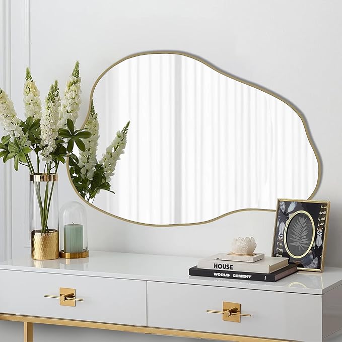 POZINO Gold Irregular Mirror, 30"x20.5" Cloud Shaped Mirrors, Asymmetrical Wall Mirror, Modern Abstract Frameless Mirrors for Living Room Bathroom Bedroom Entryway