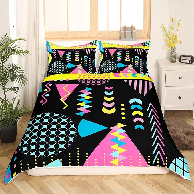 Memphis Duvet Cover Set King Size, Retro 80s 90s Fashion Style Bedding Set for Kids Boys Girls, Colorful Geometric Abstract Comforter Cover Soft Polyester Quilt Cover with 2 Pillowcases,No Comforter