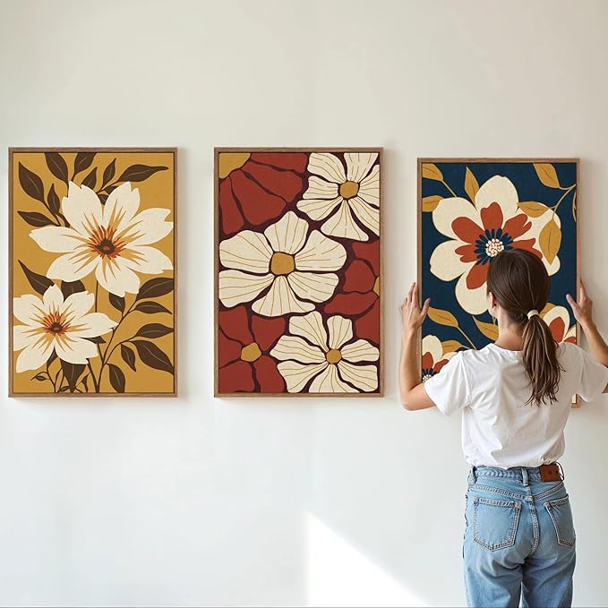 Rantodecor Large Vintage Floral Framed Canvas Wall Art Set, Mid Century Modern Wall Decor, Minimalist Retro Flowers Art Paintings, Beige Neutral Botanical for Bedroom Living Room Office 16"x24"x3