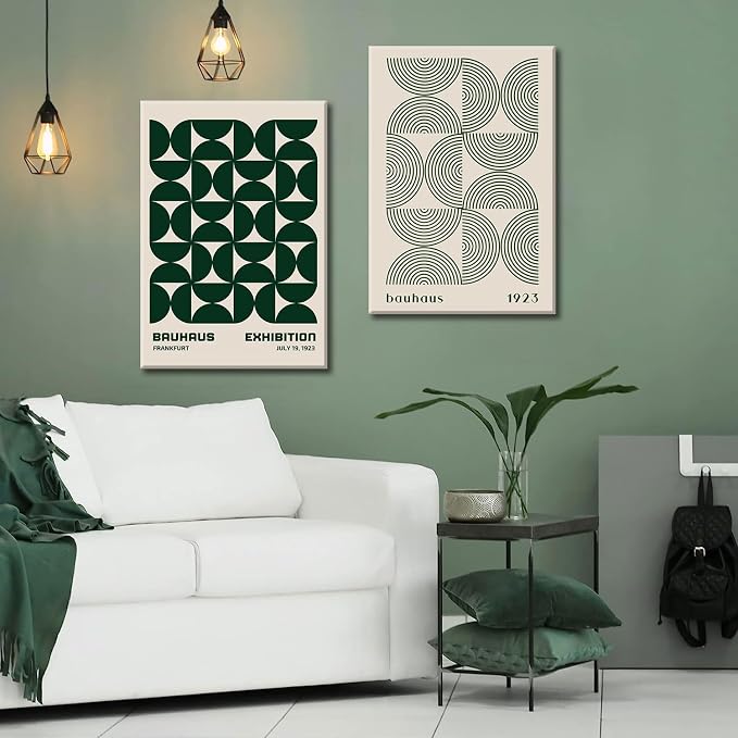 2Pcs Bauhaus Mid Century Modern Wall Art Retro Exhibition Posters Prints Green Boho Geometric Abstract Minimalist Wall Decor Pictures for Bedroom iving Room Dining Room Framed (Green, 16x24in Framed)