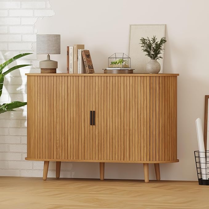 Fluted Sideboard Buffet Cabinet with Sliding Doors, Curved Edge Design for Dining Room Kitchen Living Room, Console Table Credenza with Storage (Natural)
