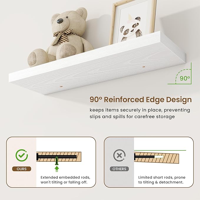 30in Floating Shelves for Wall, 30"W x 9.25"D x 1.25"H, 2 Pack Long Wall Mounted Engineered Wood Shelves with Invisible Brackets for Living Room, Bedroom, Bathroom, Kitchen Decor and Storage, White
