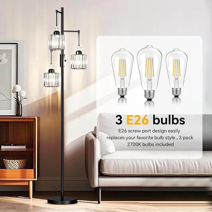 Black Tree Floor Lamp with 3 Crystal Cage Lampshades & Dimmable Bulbs - 70" Vintage Glam Standing Lamp for Living Room Bedroom, Industrial Modern Decor with Crystal Ball Accents (Black)