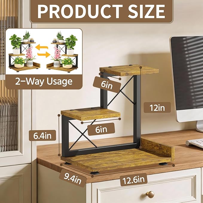 LASZOLA Indoor 3 Tier Table Top Corner Plant Stand, Heavy Duty Wood and Metal Succulents Shelf, Vertical Countertop Planter Display Rack Organizer for Office Kitchen, Desk Accessories, Rustic Brown