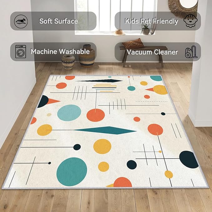 Mid Century Rugs for Living Room 3x5, Retro 50s Geometric Modern Abstract Colorful Pattern Design Area Rug, Mid Century Bedroom Decor Carpet, Non Slip, Washable (RG526)