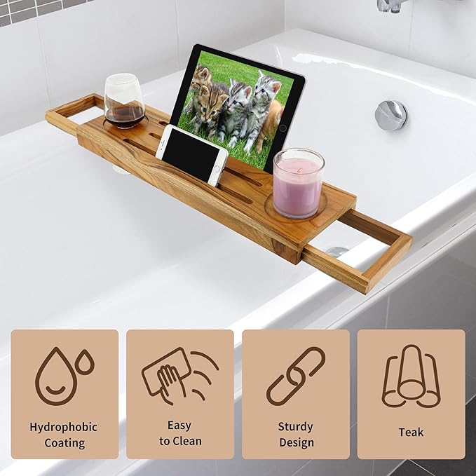 Teak Bathtub Tray Caddy - Expandable Bath Tray - Adjustable Organizer Tray for Bathroom - Luxury Bath Caddy Tub Table, Bathtub Accessories & Bathroom Gadgets
