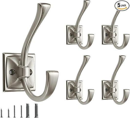 5 Pack Decorative Heavy Duty Towel Hooks for Hanging Robe Double Satin Nickel Coat Hooks Wall Mounted with Screws for Key, Towel, Bags, Cup, Hat