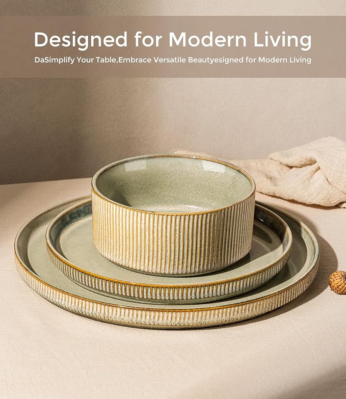 GBHOME 18-Piece Stoneware Dinnerware Set for 6 – Ribbed Ceramic Plates and Bowls, Scratch-Resistant, Microwave & Dishwasher Safe, Reactive Glaze, Desert Sage