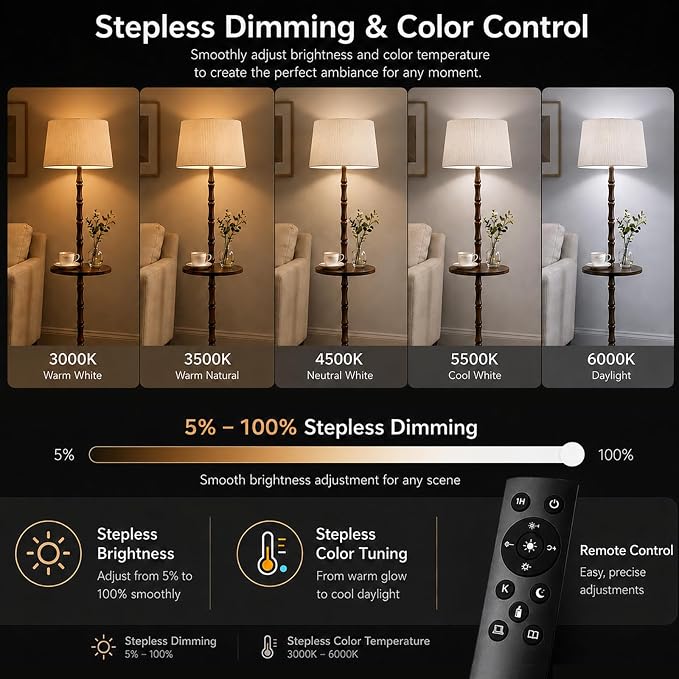 Real Wood Floor Lamp with Built-in Tray, Remote Control, Adjustable Brightness & 3 Color Temperatures, Dimmable Standing Lamp for Living Room, Bedroom, and Office – Easy Setup(Dark Walnut)