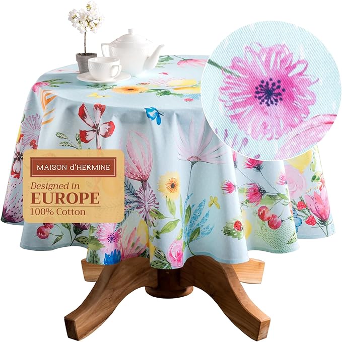 Maison d' Hermine Table Cloth Round Table 100% Cotton 63 Round Inches Tablecloth Reusable Decorative for Dining Room Farmhouse Home Valentines Day Decorations Spring Summer - Jardin D'Ete - Mint