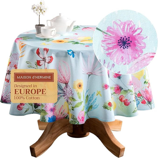 Maison d' Hermine Table Cloth Round Table 100% Cotton 69 Round Inches Tablecloth Reusable Decorative for Dining Room Farmhouse Home Valentines Day Decorations Spring Summer - Jardin D'Ete - Mint