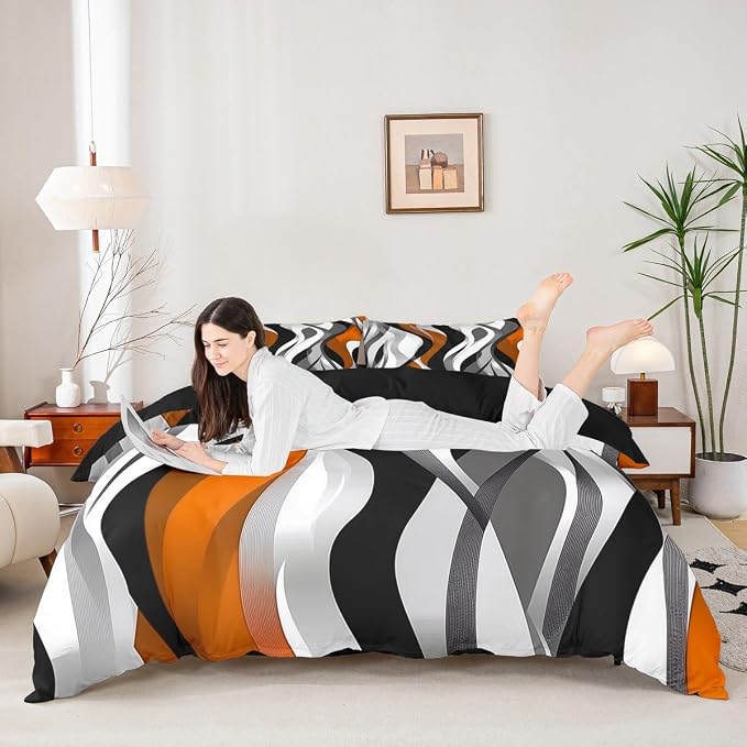 Orange Black Stripes Duvet Cover Set Toddler Size,Abstract Geometric Striped Wave Bedding Set,Boys Girls Room Decor,Modern Fashion Artwork Comforter Cover,Simple Quilt Cover,1 Pillowcase(No Filler)