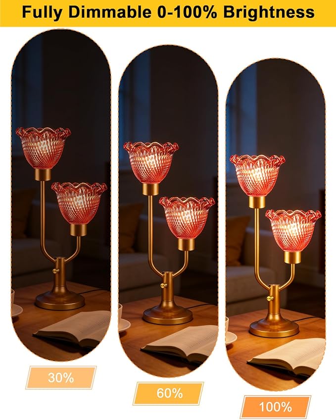 Lightdot Flower Glass Red Table Lamp Dimmable Mid Century Modern Vintage Gold Desk Lamp Nightstand Lamp 2 Bulbs Included Warmwhite Ambient Bedside Lamps for Living Room Bedroom Home Office Decor Gift