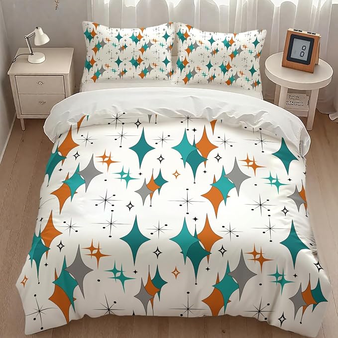 Mid Century Bedding Set,Modern Orange Blue Abstract Atomic Geometric Pattern Retro 1950s 1960s Style Comforter Set with Pillowcase for Bedroom Bed Decor,Queen 90"x90"