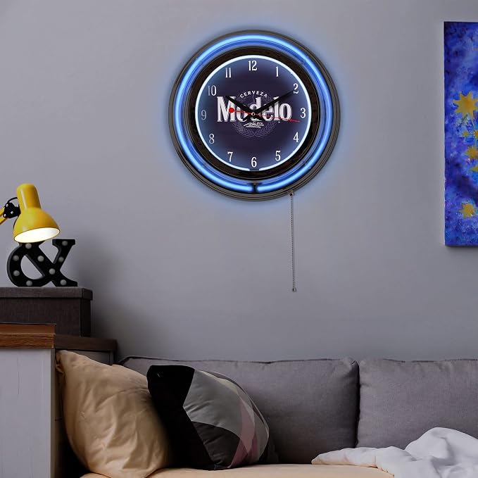 American Art Decor Retro Neon Wall Clock - Round Battery Operated Vintage Analog Clock W/Pull Chain - for Bar, Man Cave, Garage, Arcade, Game Room & More (Modelo, 14.5” x 14.5” x 3.25”)