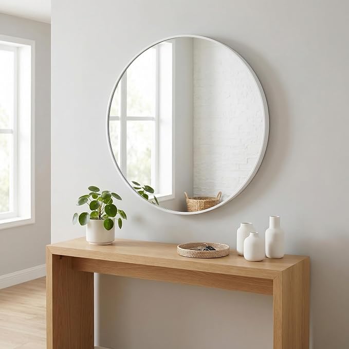 HARRITPURE Round Mirror 20" White Wall Mounted Circle Mirrors Vanity Mirror with Brushed Aluminum Alloy Frame Modern Decoration for Bathroom, Living Room, Vanity, Bedroom, Entryway