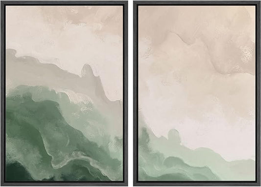 MUDECOR Framed Canvas Print Wall Art Soft Green and Beige Abstract Calming Watercolor Landscape Illustrations Modern Art Decorative Bohemian Chic for Living Room, Bedroom, Office - 24"x36"x2 Black