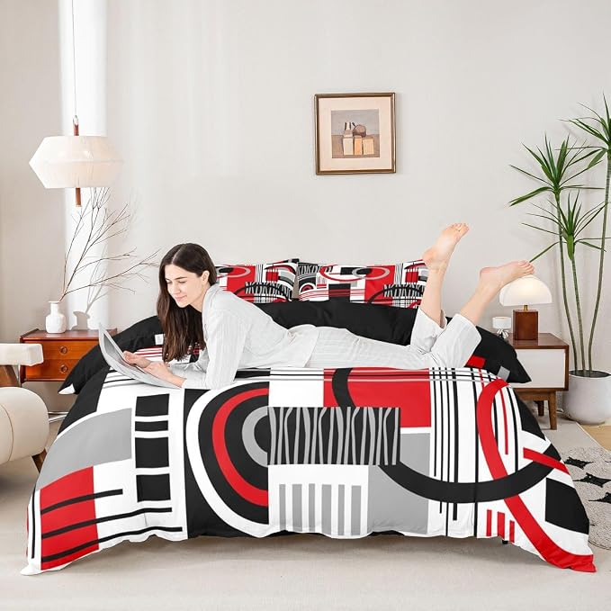 Erosebridal Art Deco Mid Century Duvet Cover Set Retro Modern Abstract Geometric King Bedding Set for Adult Men Black and White Red Circles Stripes Comforter Cover Contemporary Bed Sets
