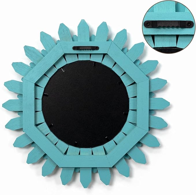 Honiway Beach Wall Decor Mirror 21 inch Wood Coastal Wall Decor Sunburst Boho Home Decor Room Decor for Bedroom Living Room Entryway Cyan